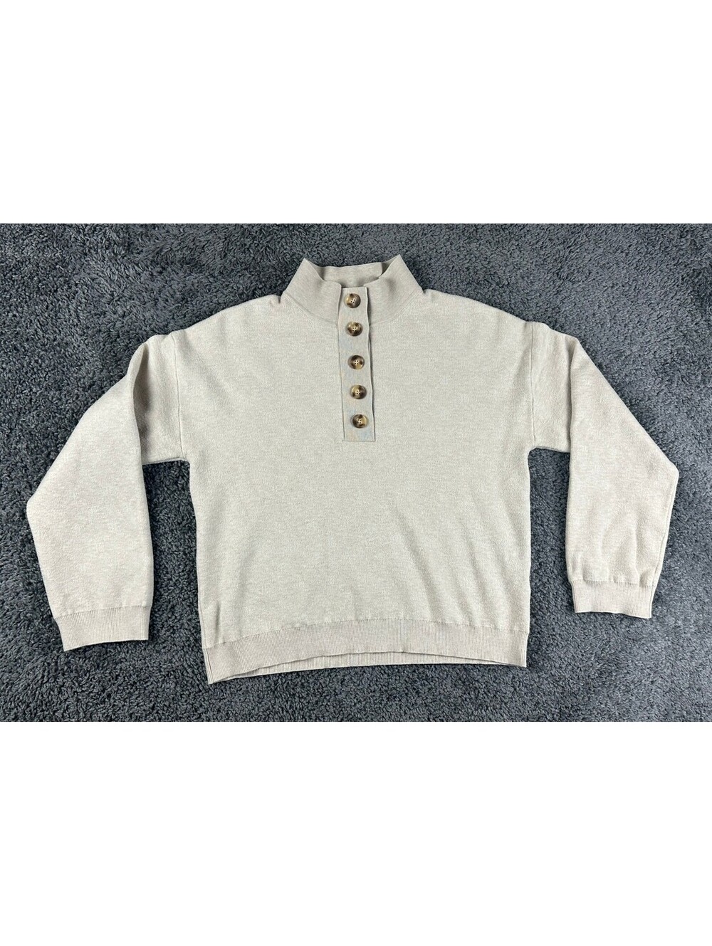 EllandEmm Womens Sweater Beige XS Mock Neck Button Pullover Quiet Luxury